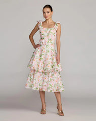 White Multicolor Floral Lace Tiered Midi Dress