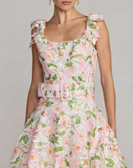 White Multicolor Floral Lace Tiered Midi Dress