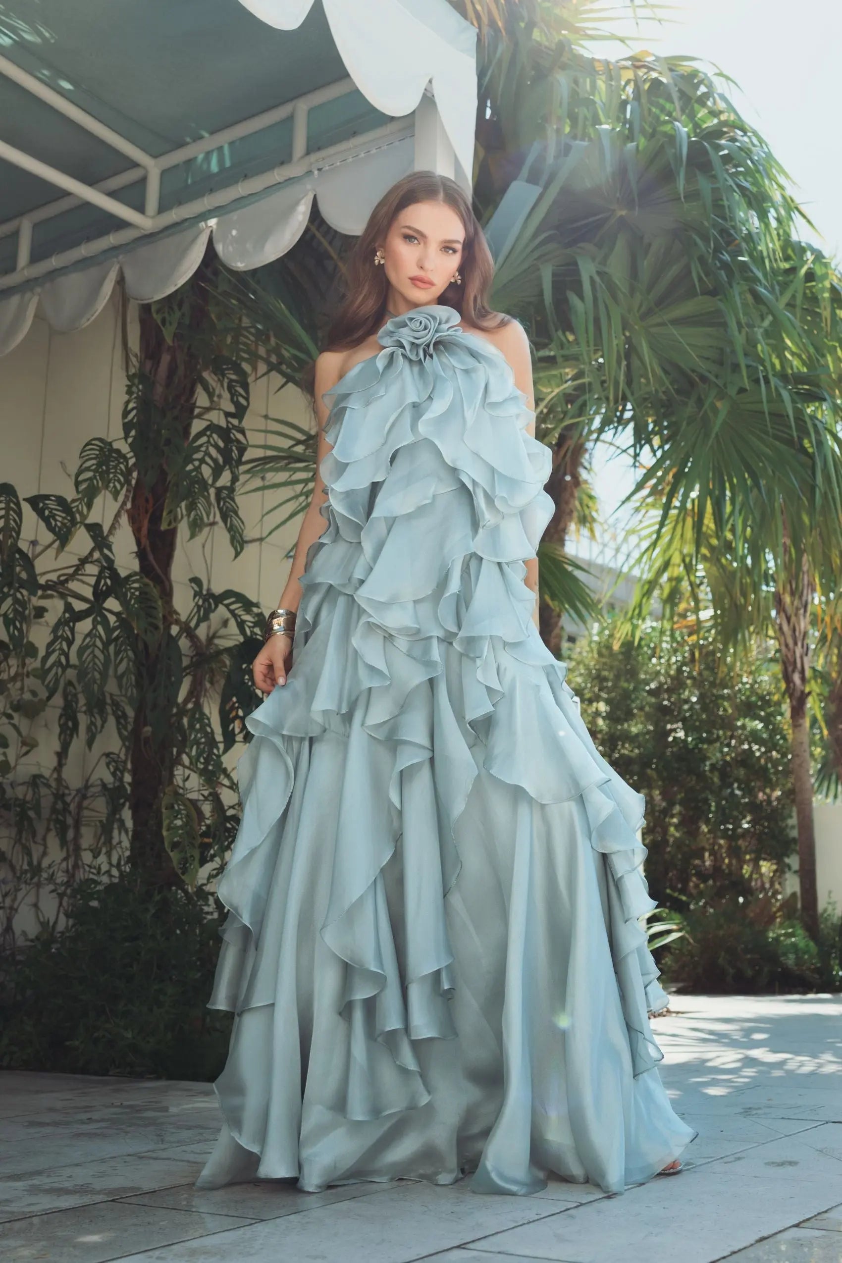 Blue Halter Neck Open Back Trapeze Ruffle Gown