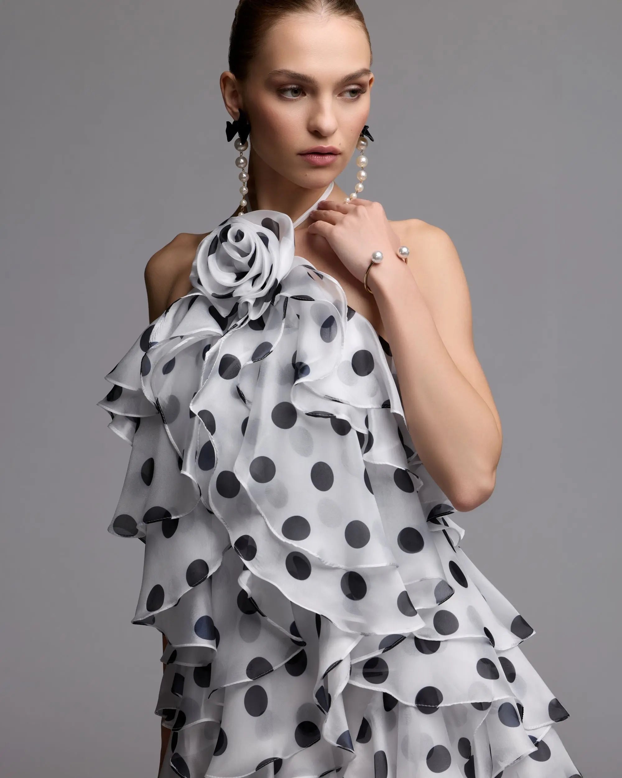 White Polka Dot Halter Neck Ruffle Mini Dress