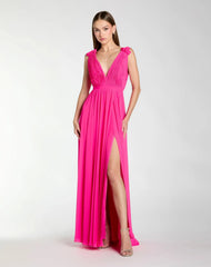 Sleeveless Pleated Chiffon V-Neck Gown