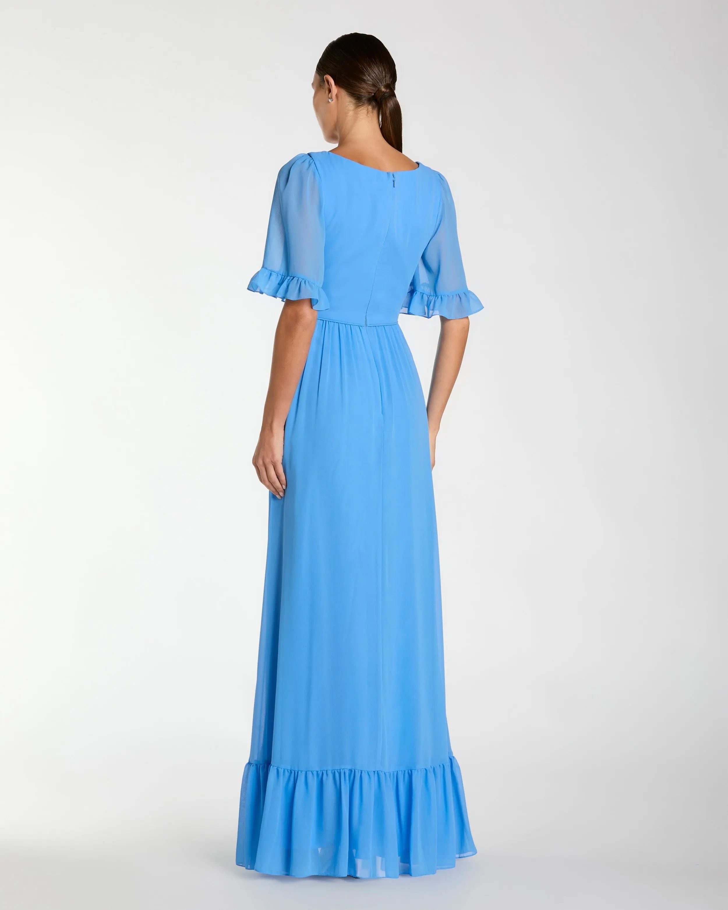 Faux Wrap Ruffle Trim A-Line Gown
