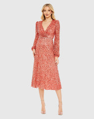 Red Sequined Puff Sleeve Wrap Over A Line Dress - FINAL SALE