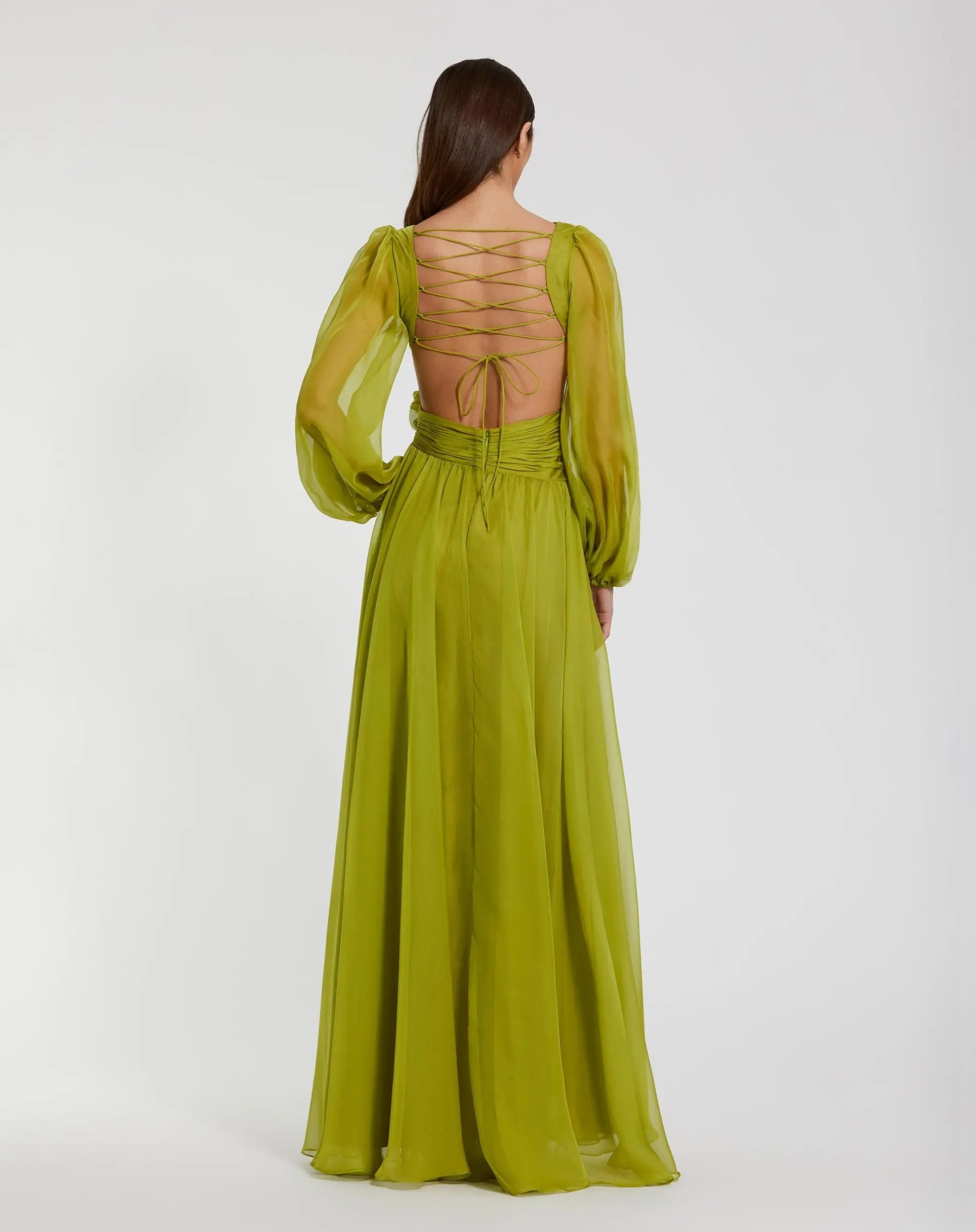 Green Long Sleeve V-Neck Chiffon Gown With 3D Flower