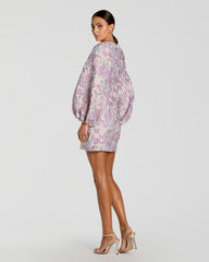 Brocade Balloon Sleeve Fitted Mini Dress