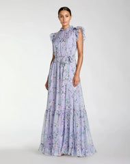 Printed Chiffon Ruffle Sleeve Gown With Bow Belt