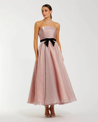 Polka Dot Organza Strapless Midi Dress With Velvet Bow