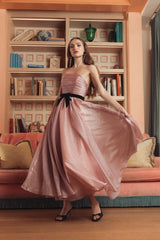 Pink Polka Dot Organza Strapless Midi Dress With Velvet Bow
