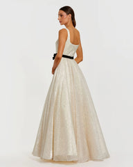 Ivory Polka Dot Square Neck Ball Gown With Bow