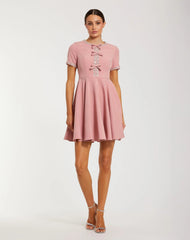 Pink Crepe A Line Mini Dress With Rhinestone Beading