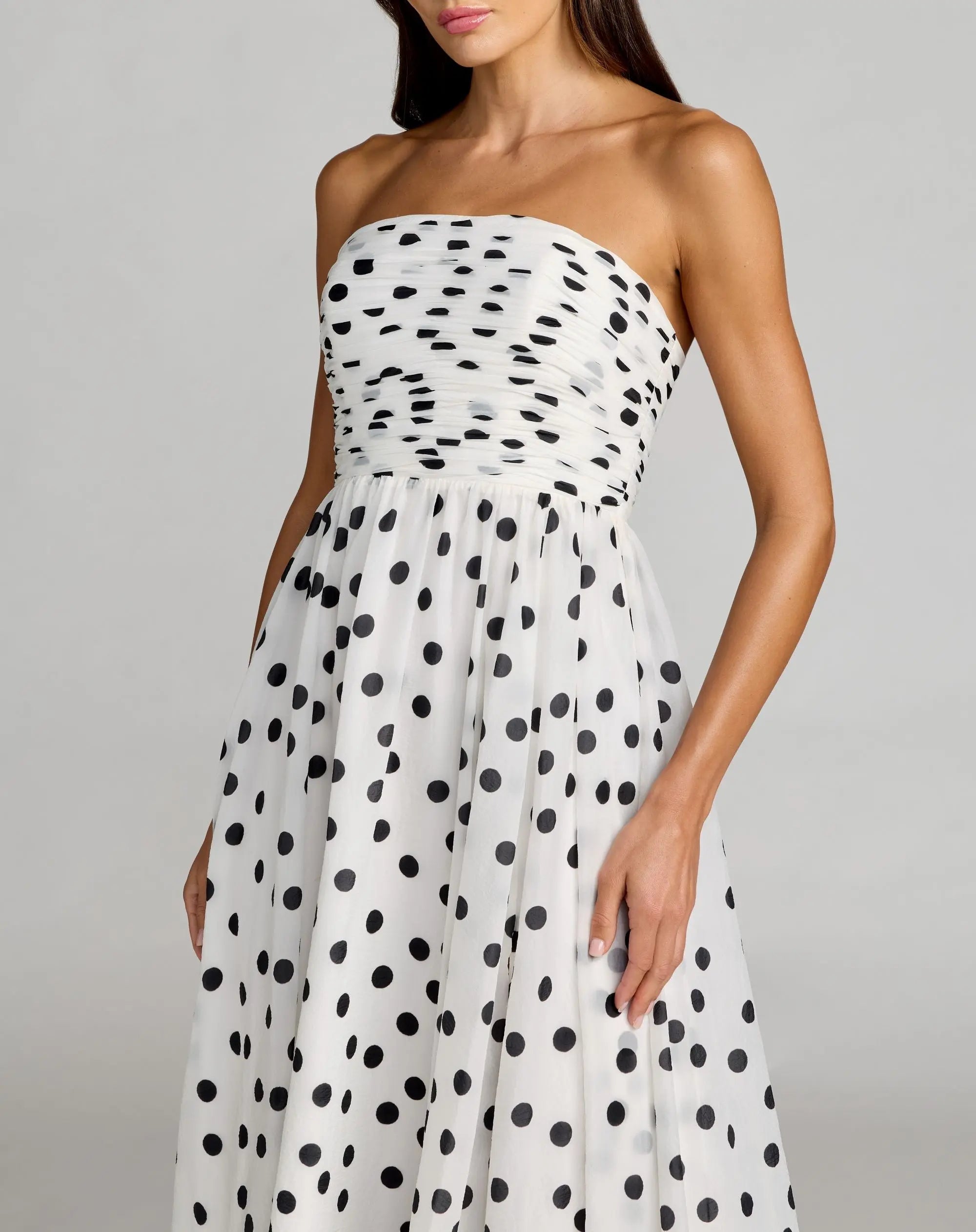 White Polka Dot Strapless Viscose Gown With Slit