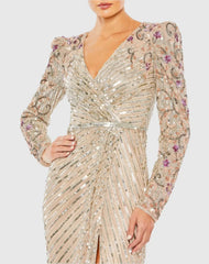 Beige Long Sleeve Embellished Puff Sleeve Faux Wrap Gown