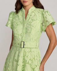 Green Embroidered Lace Belted Midi Dress