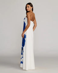 White Floral Printed Strapless Crepe Trapeze Gown