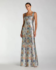 Silver Sleeveless Floral Sequin Gown
