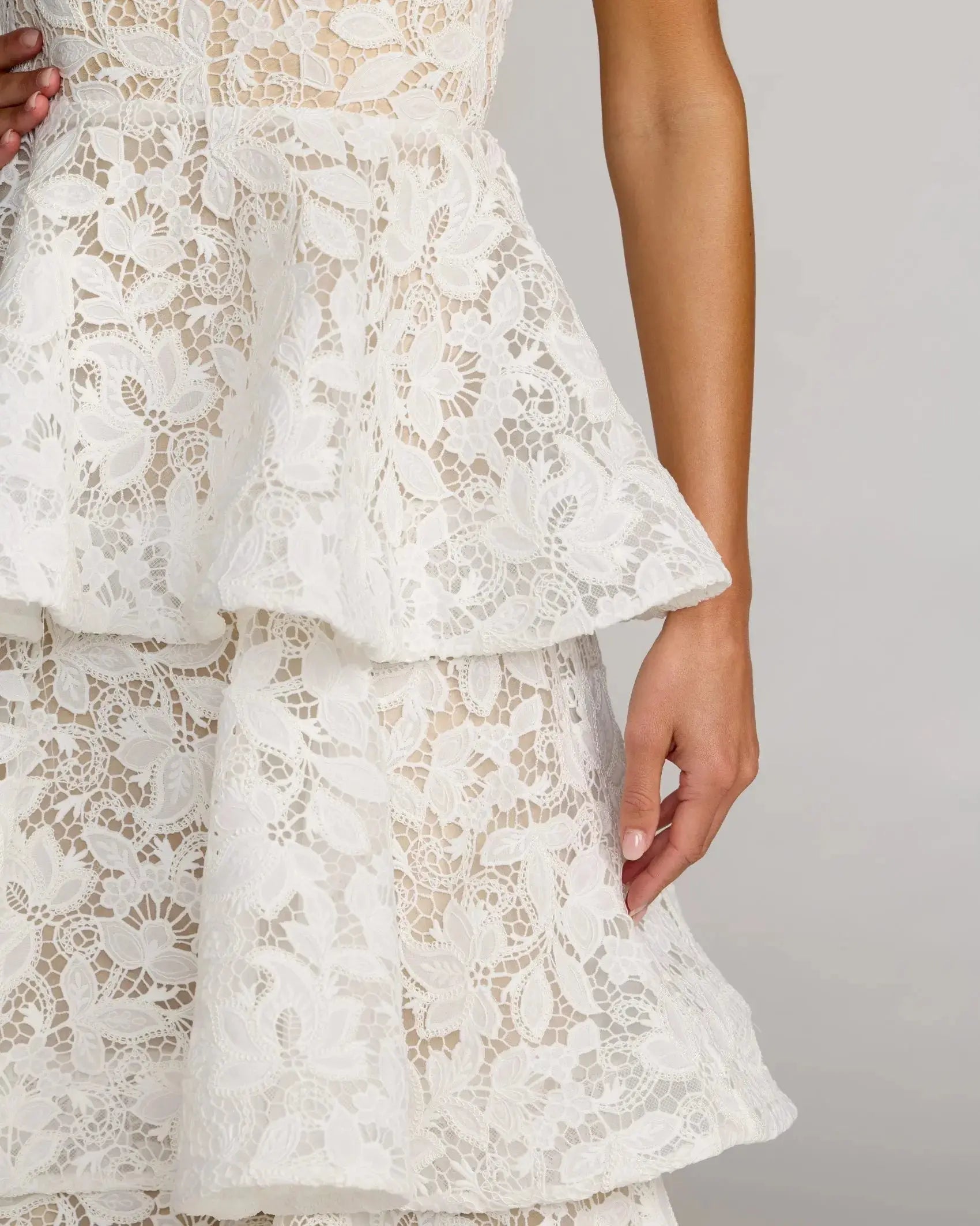 White and Beige Strapless Lace Tiered Ruffle Midi Dress