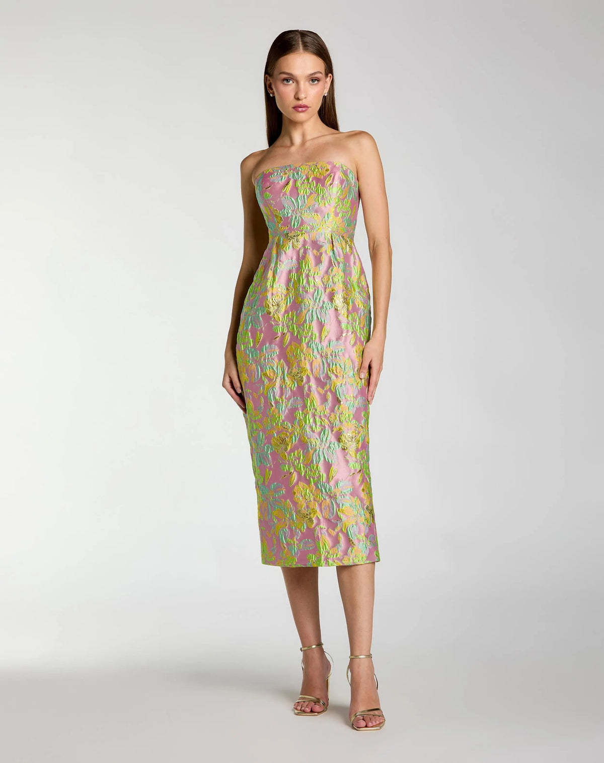 Multicolor Strapless Floral Brocade Midi Dress