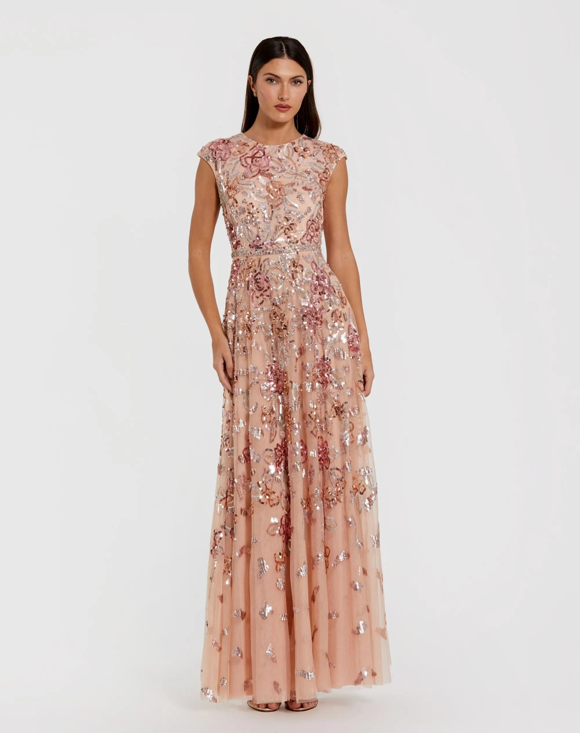 Sequined High Neck Cap Sleeve A Line Gown