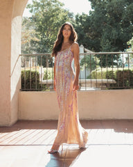Beige Spaghetti Strap Beaded Column Gown