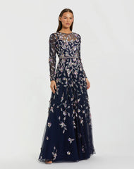 Long Sleeve Floral Embellished Evening Gown