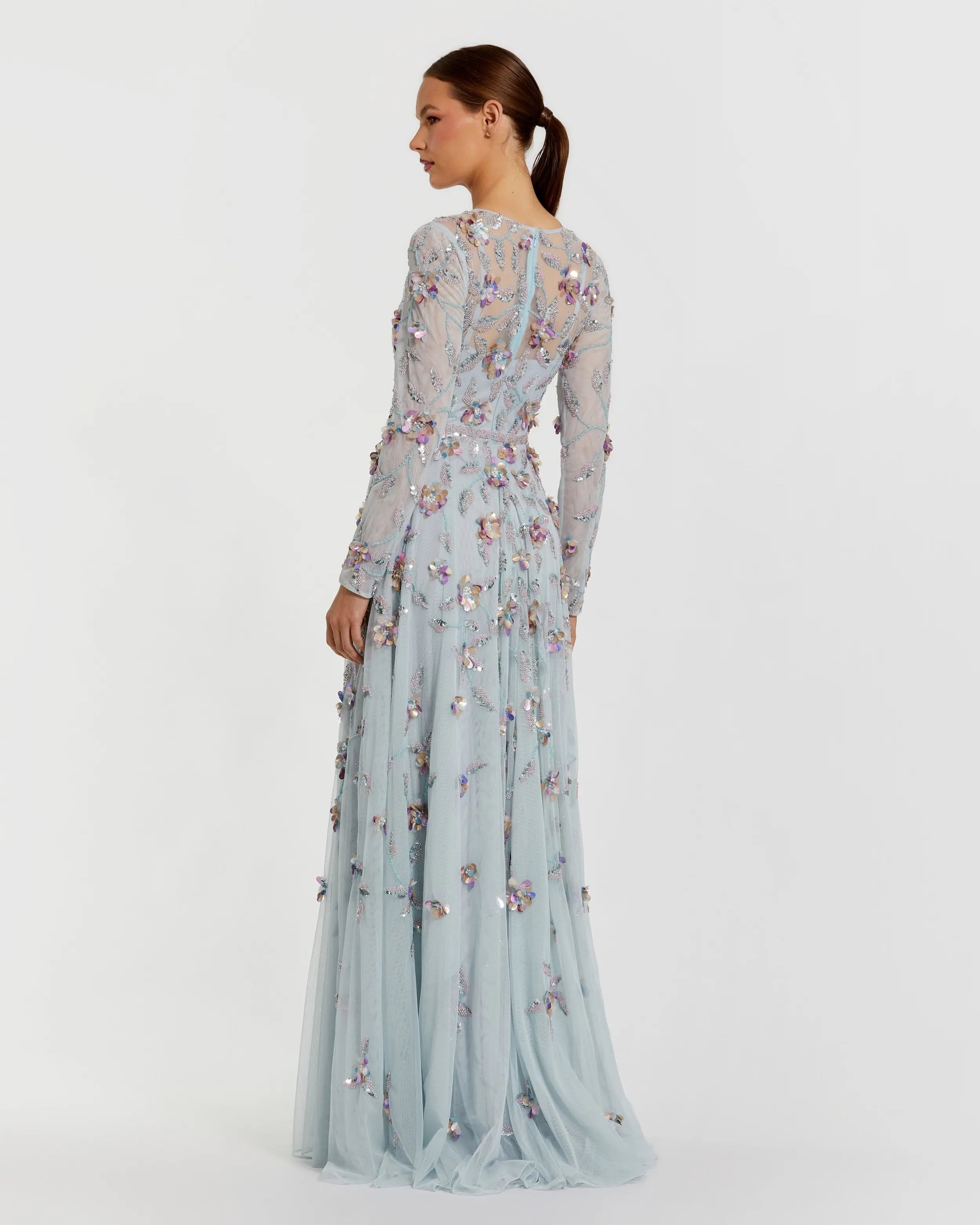 Light Blue Long Sleeve Floral Embellished Evening Gown