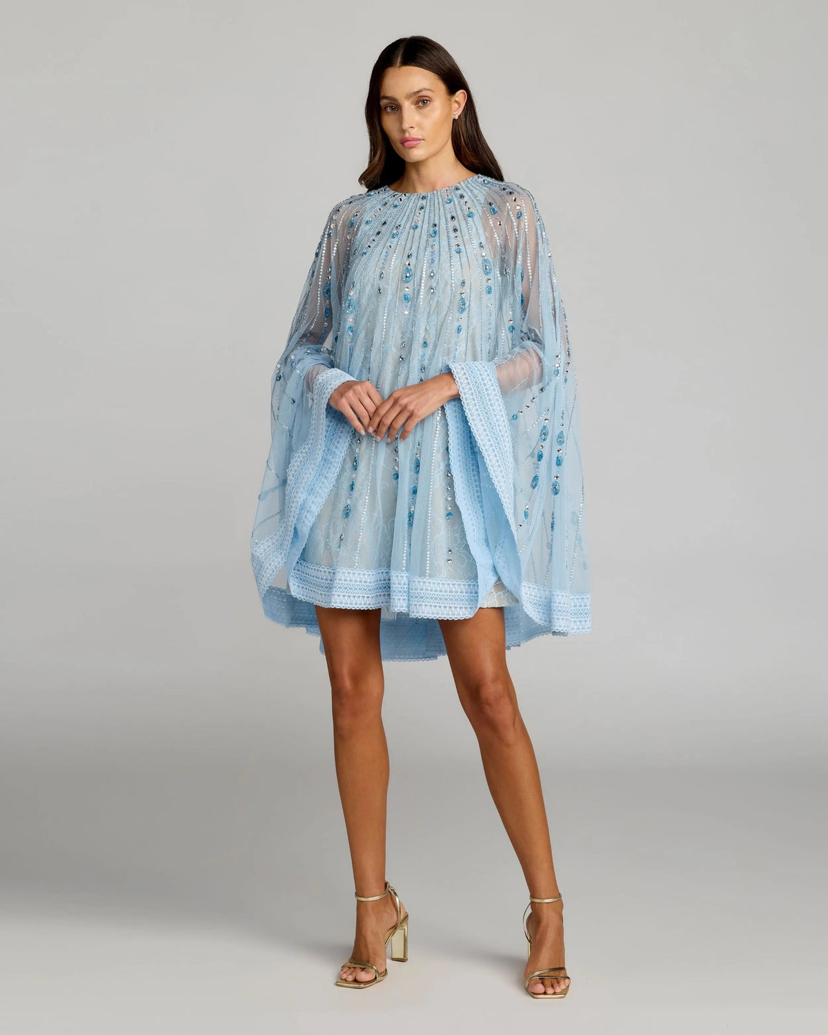 Blue Beaded Lace Cape Sleeve Mini Dress