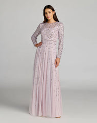 Purple Hand Embellished Long Sleeve A-Line Gown