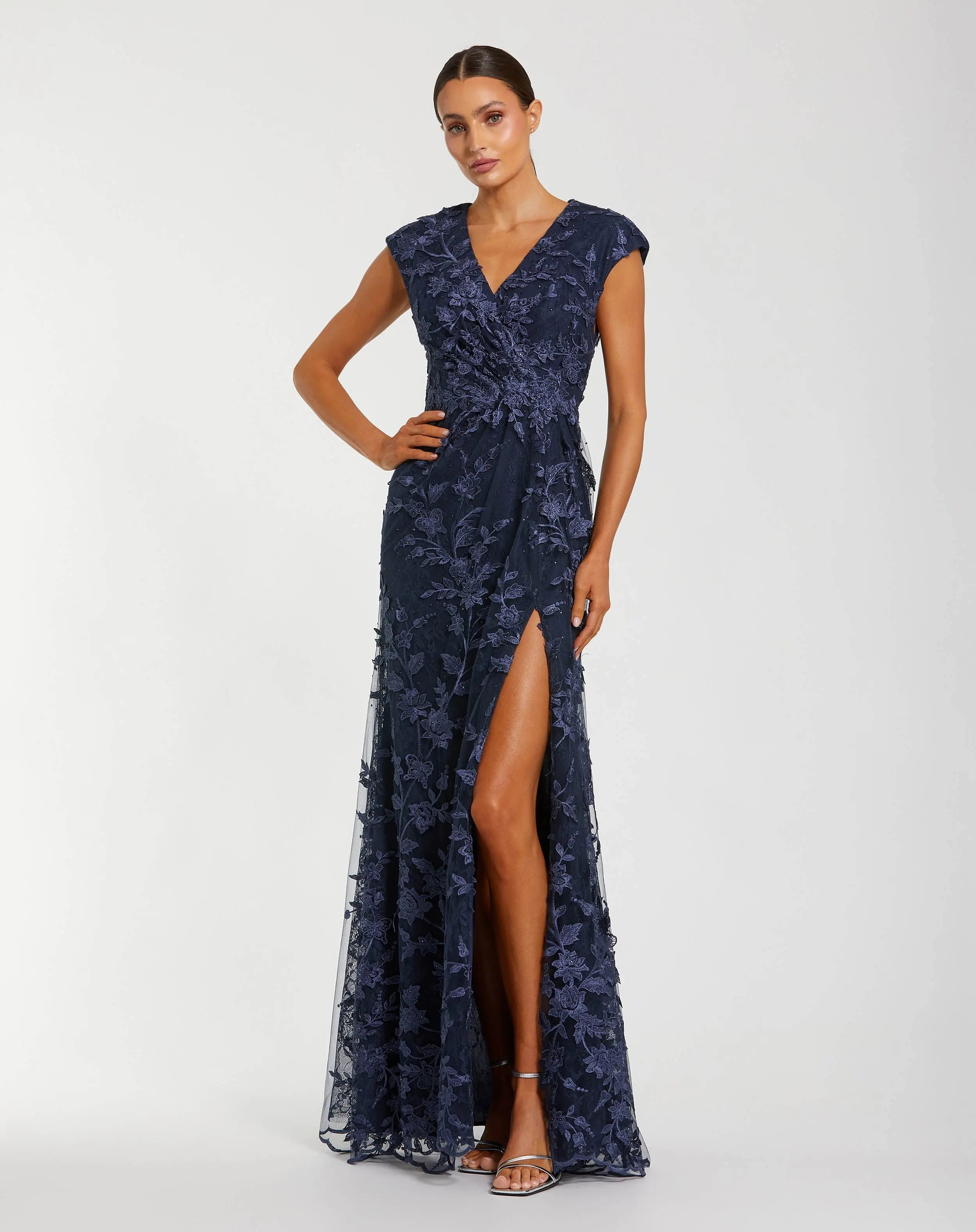 Faux Wrap Embroidered Cap Sleeve Gown