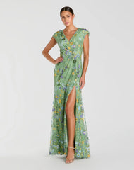Faux Wrap Embroidered Cap Sleeve Gown