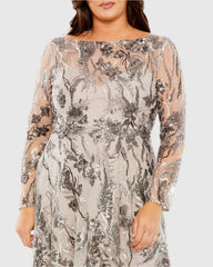 Beige Embroidered Long Sleeve A Line Gown (Plus)