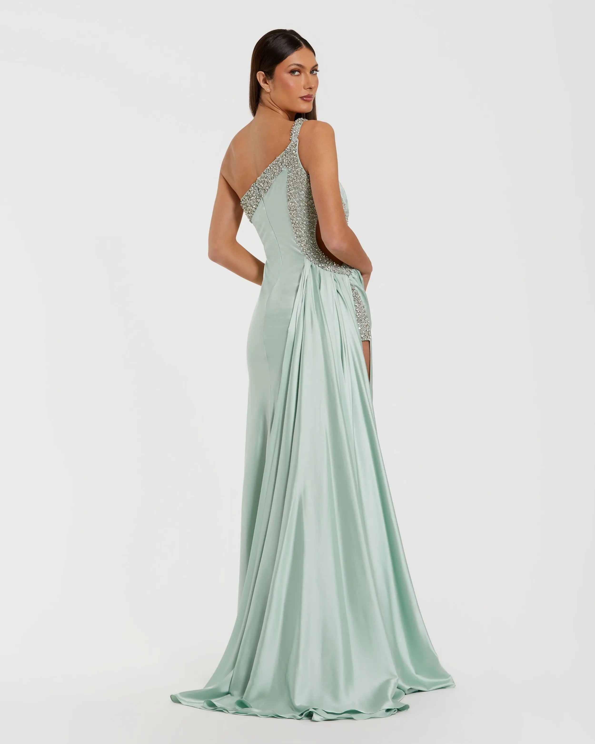 Green One Shoulder Embellished Cut Out Slit Gown