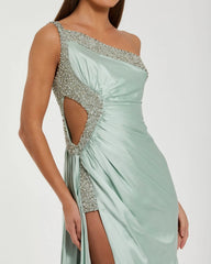 Green One Shoulder Embellished Cut Out Slit Gown
