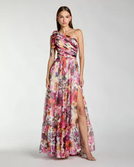 One Shoulder Floral Printed Chiffon Side Cut Out Gown