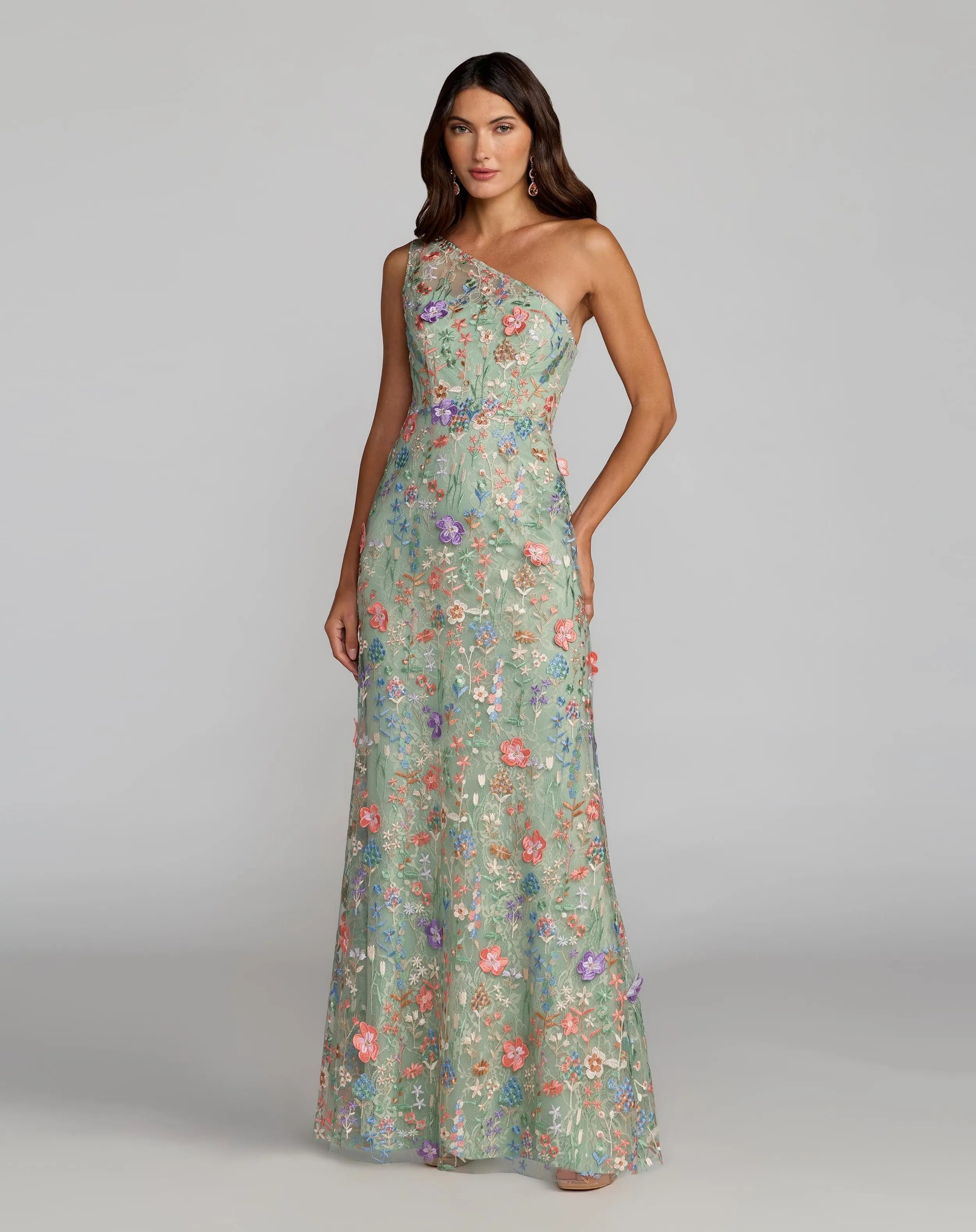One Shoulder Floral Embroidered Gown
