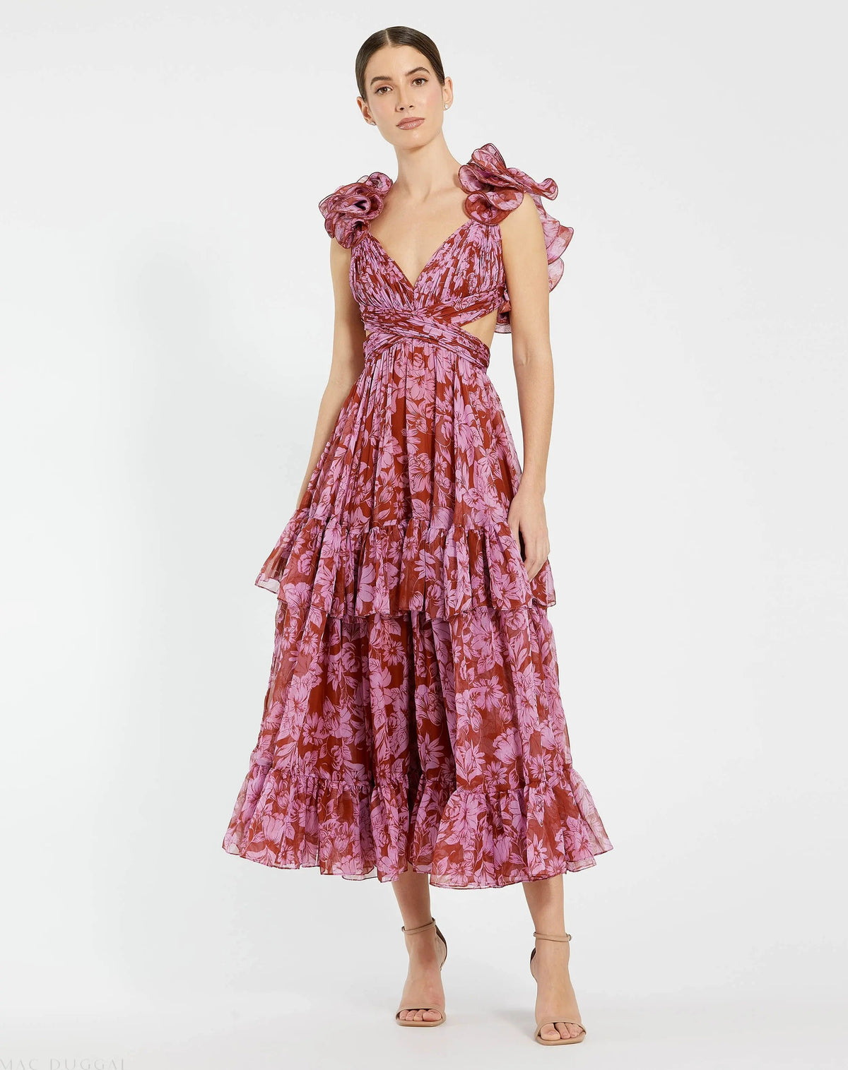 Red and Pink Ruffle Tiered Cut-Out Chiffon Midi Dress
