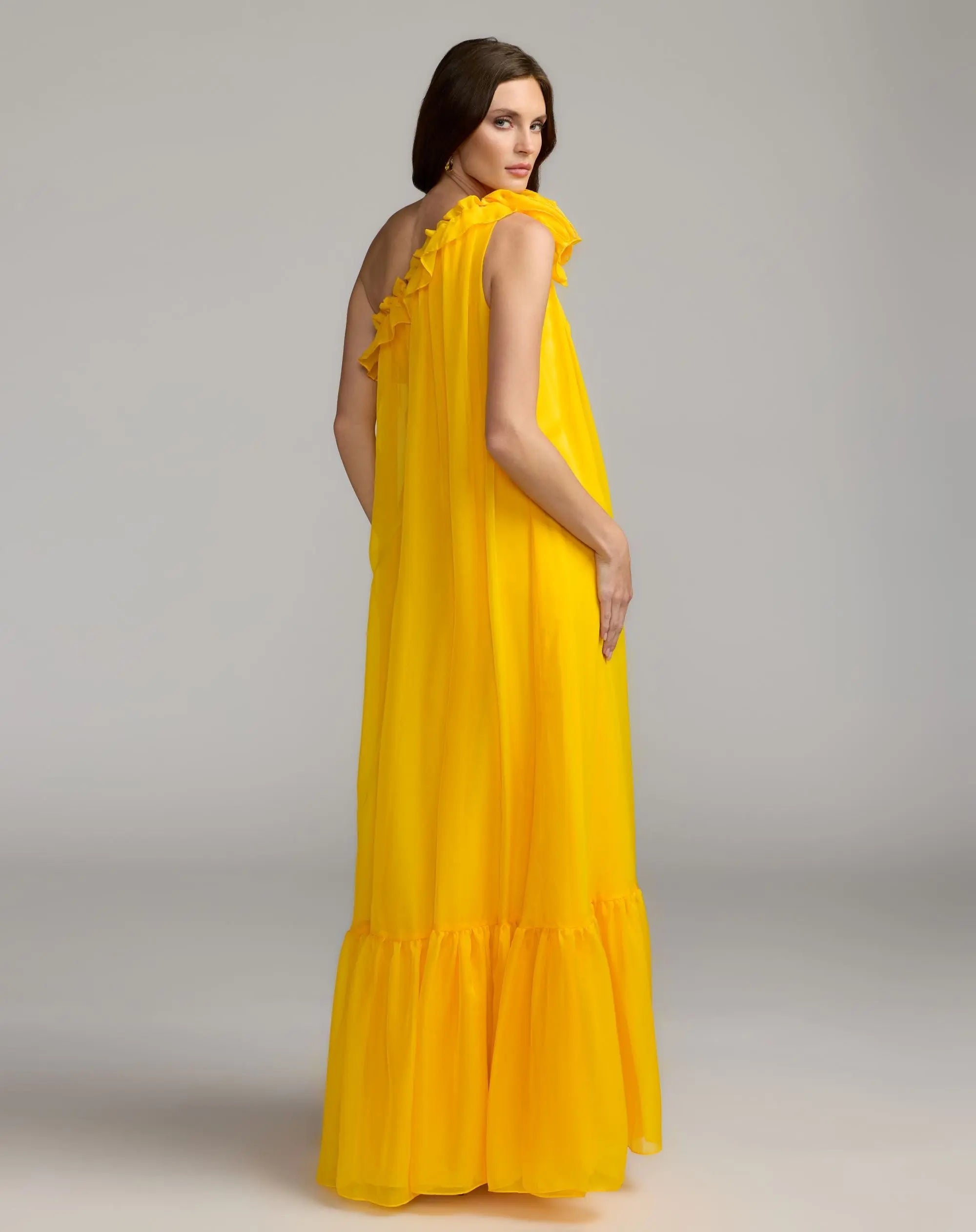 Yellow One Shoulder Chiffon Gown With 3D Rosette