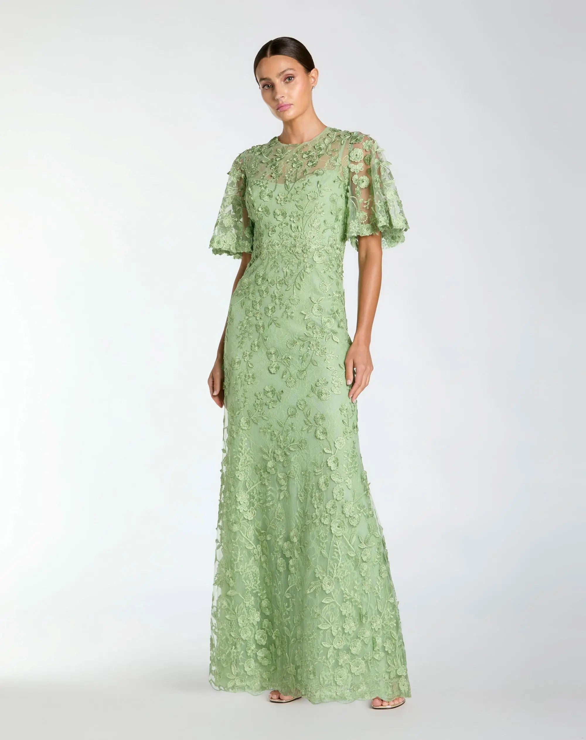 Floral Lace Gown with Sheer Flutter Sleeves