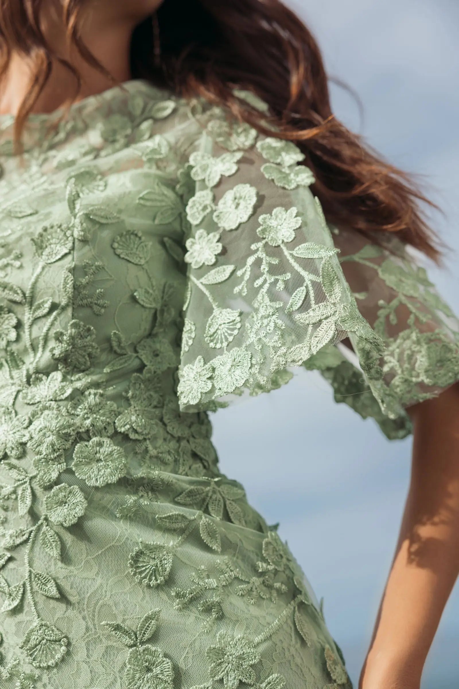 Green Flutter Sleeve Floral Embroidered Net Gown