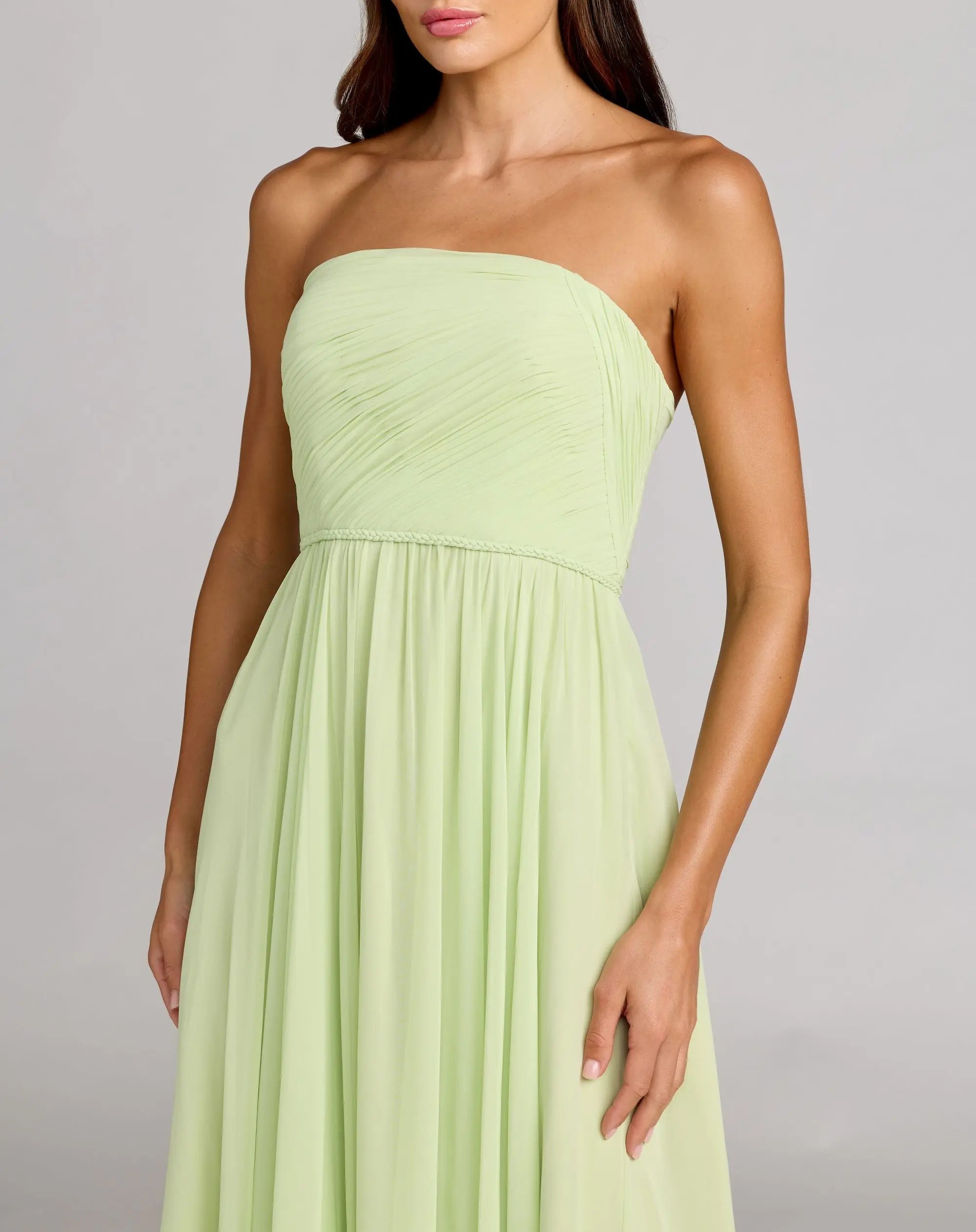 Green Strapless Chiffon Gown With Braided Belt
