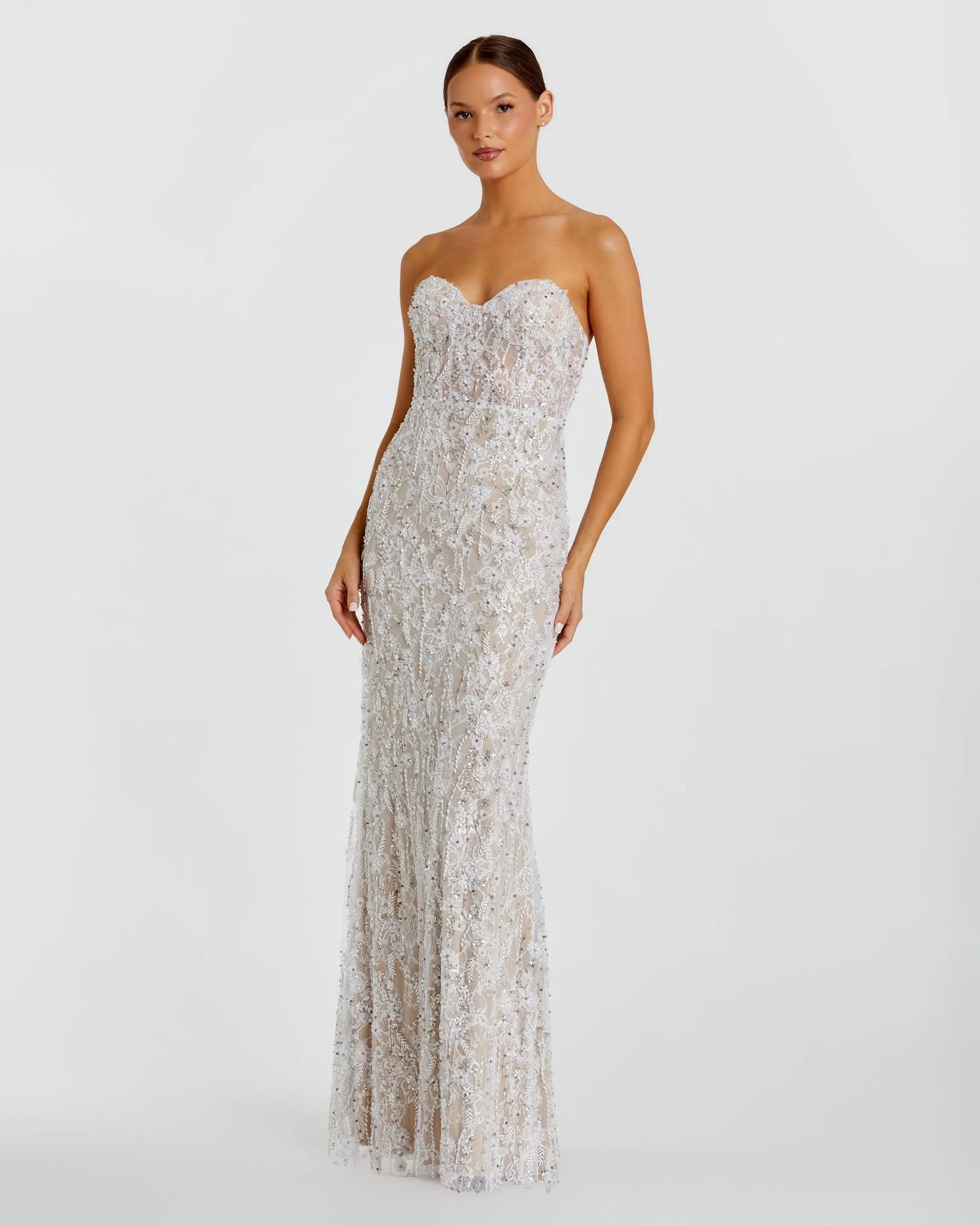 Embellished Lace Strapless Bustier Gown