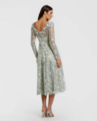 Blue Embellished Illusion Long Sleeve Midi Dress
