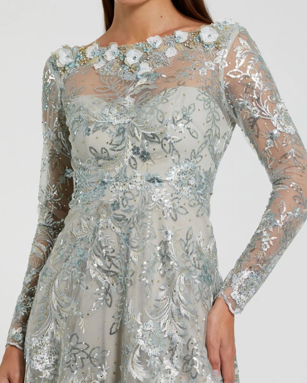 Blue Embellished Illusion Long Sleeve Midi Dress
