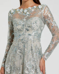 Blue Embellished Illusion Long Sleeve Midi Dress