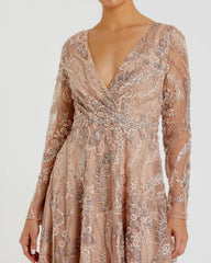 Beige Embroidered Long Sleeve V-Neck Midi Dress