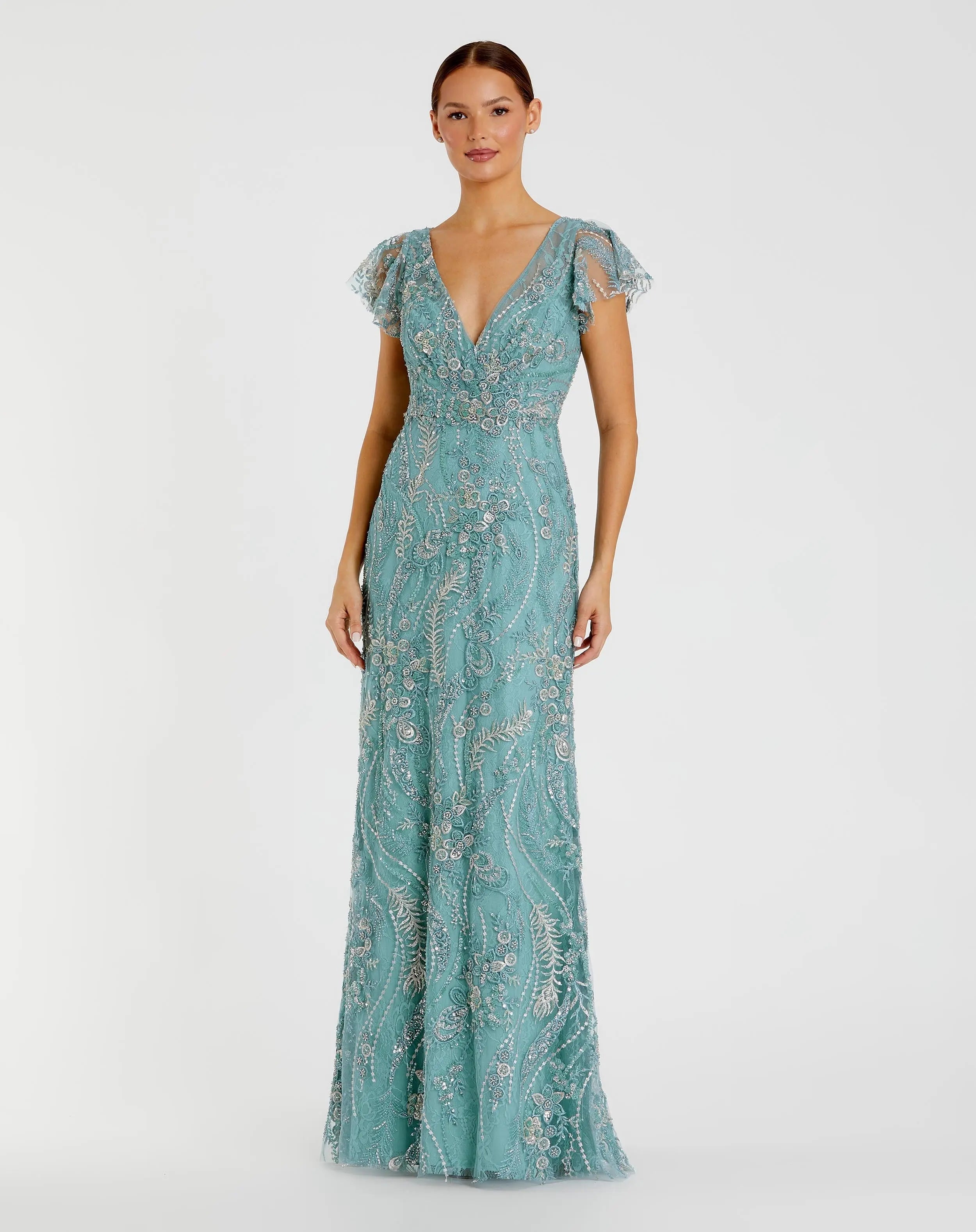 V Neck Flutter Sleeve Floral Embroidered Gown