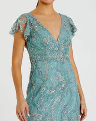 V Neck Flutter Sleeve Floral Embroidered Gown