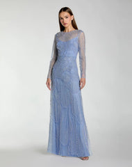 Beaded High Neck Long Sleeve A Line Gown
