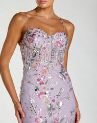 Purple Spaghetti Strap Floral Embroidered Trumpet Gown