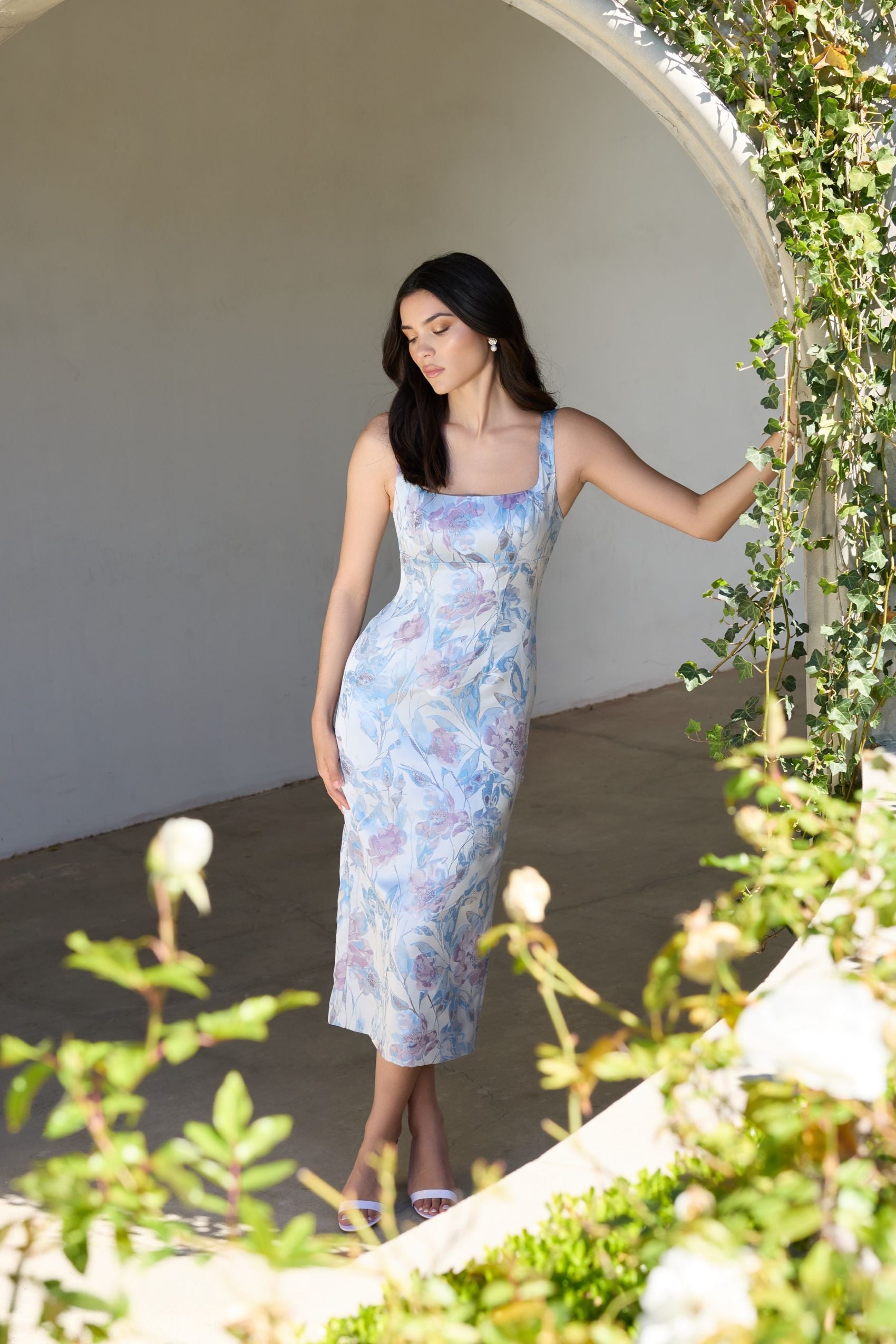 Blue Floral Square Neck Midi Dress