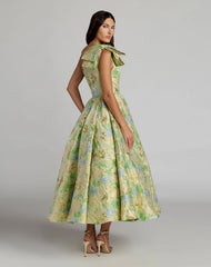 Green One Shoulder Brocade Midi Dress With Bow Detail